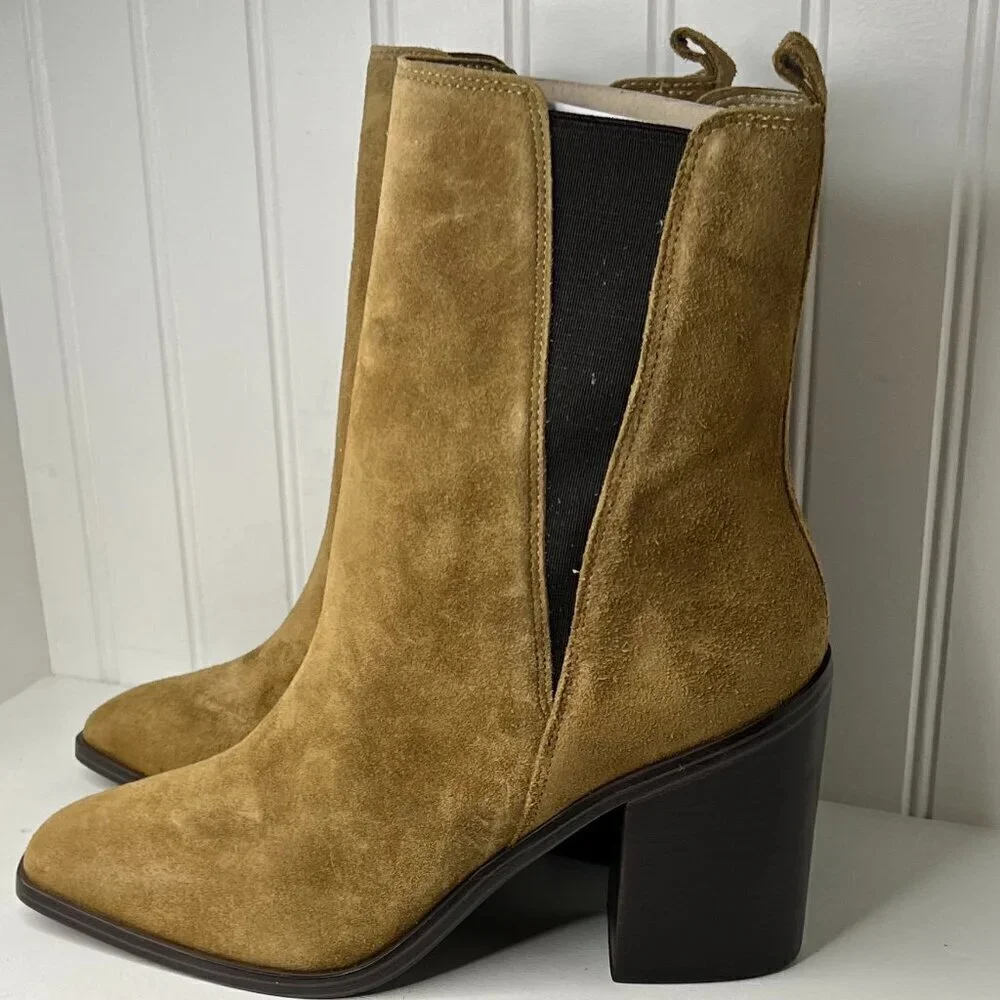 Marc Fisher LTD  KRISTIE Leather Block Heel Mid-Calf Boots Med Natural Size 10